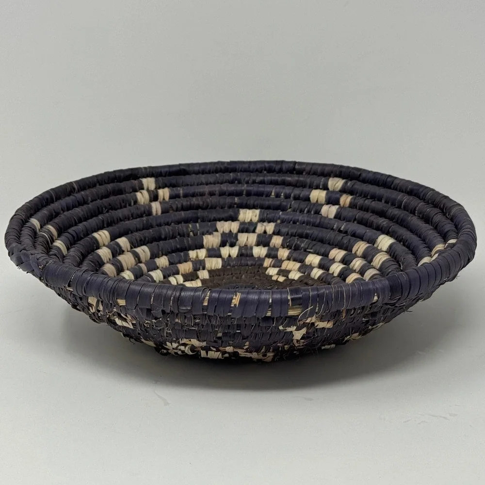 Vintage Handwoven Coiled Basket Bowl Black & Natural Tribal Woven 9